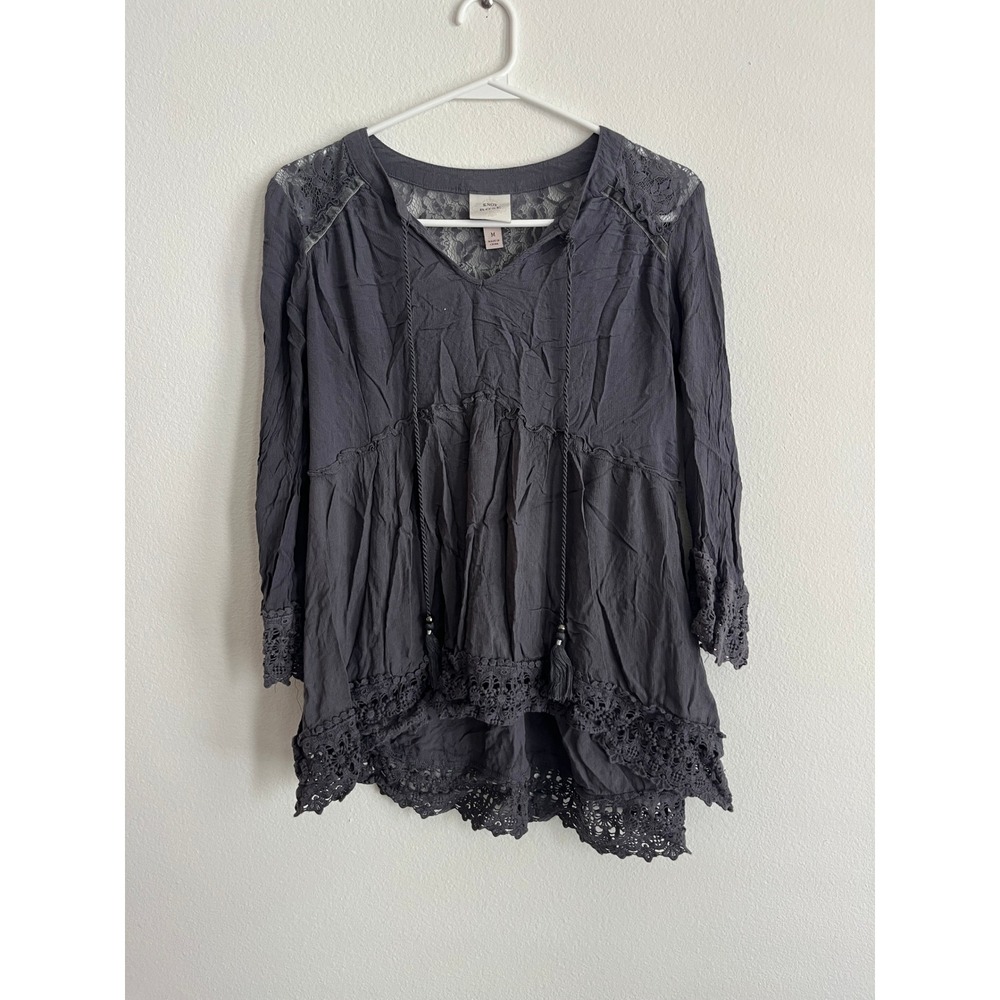 Knox Rose Charcoal Gray Lace Crochet Boho Peasant Top Tassel Tie Babydoll Medium